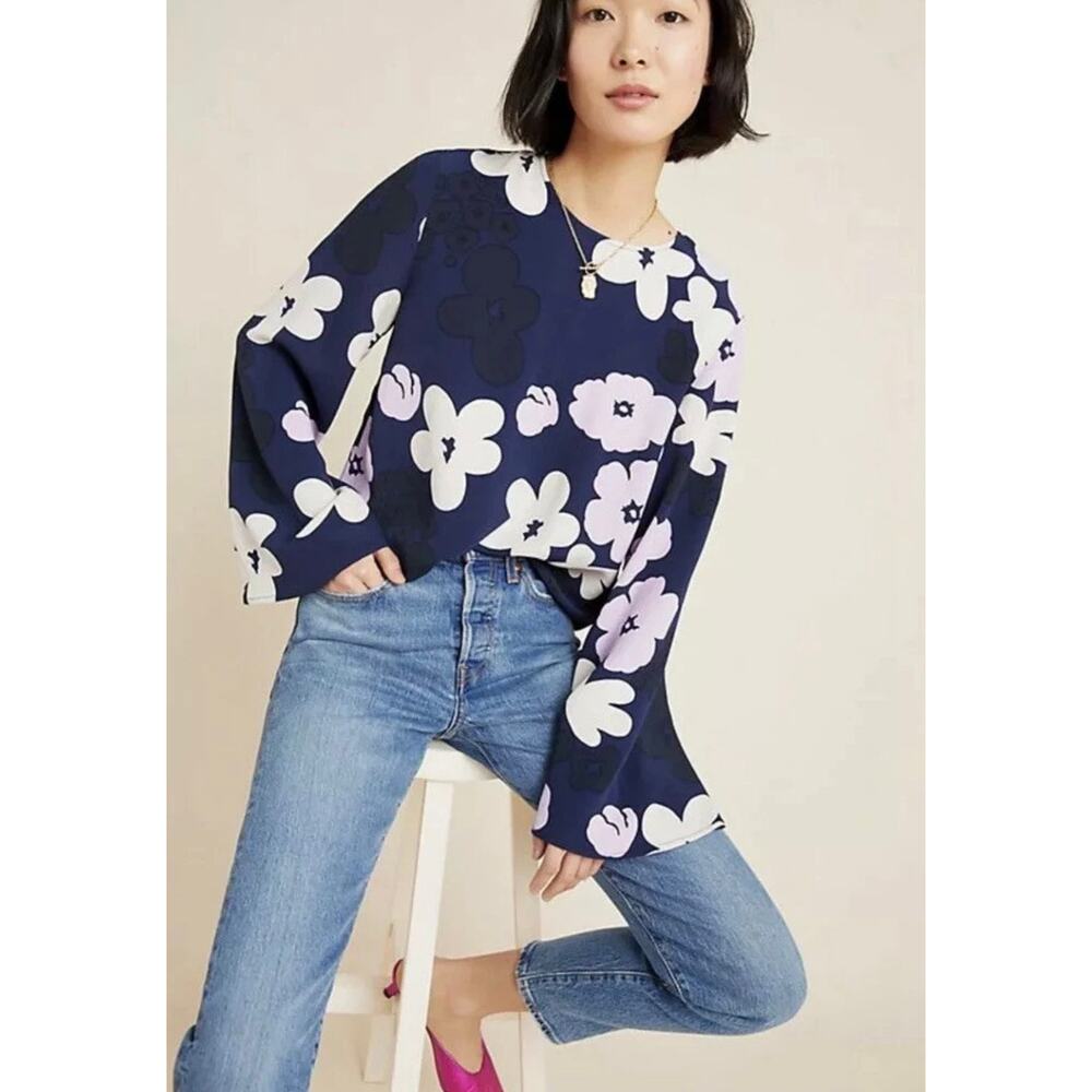 Marimekko Sorea Kevattalkoot Bell Sleeve Floral Top Navy Blue Sz EU 34 US 2